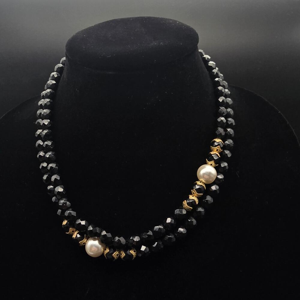 Black Glass Faux Pearl Beaded Necklace 36 Inch Vintage Jewelry - Picture 6 of 8